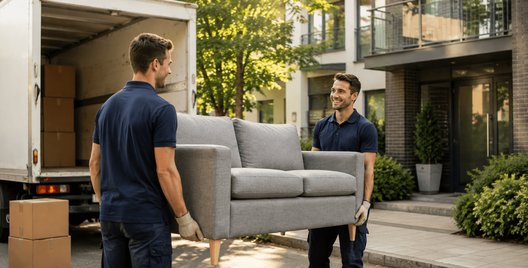 Umzugsteam trägt ein Sofa aus dem Umzugswagen